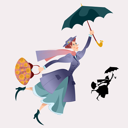 A woman in a retro suit, with a large bag in her hand flying with an umbrella. Vector illustration