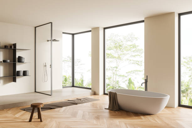 istock Light bathroom interior with douche, tub and decoration, panoramic window 1406475091