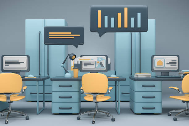 istock Cartoon workplace with pc desktop, table with armchairs in row 1406475396