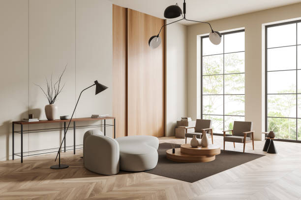 istock Light relax interior with couch and chairs with decoration, panoramic window 1406475409