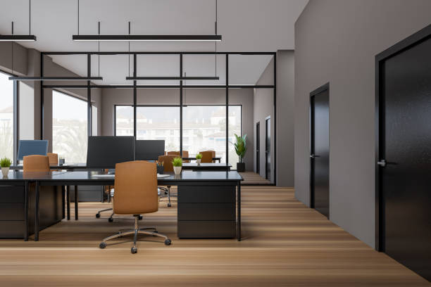 istock Office interior with pc computer and armchair, panoramic window on countryside 1406475498