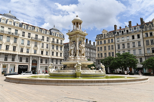Lyon, France-06 23 2022: The Place des Jacobins is a square located in the 2nd arrondissement of Lyon. It was created in 1556 and a fountain was added in 1856. The square belongs to the zone classified as World Heritage Site by UNESCO.