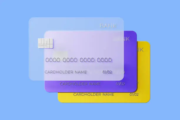 Three colorful bank credit card for payment and purchase, light blue background. Concept of e-commerce and finance. 3D rendering