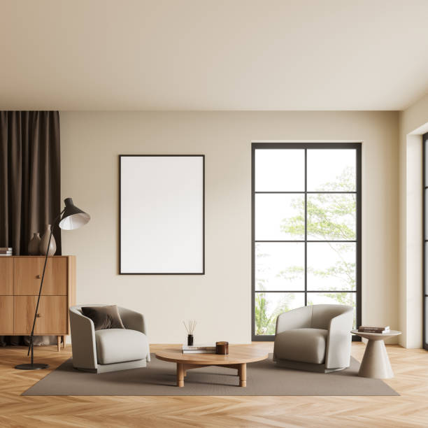istock Chill room interior with chairs and decoration, window and mockup frame 1406475521