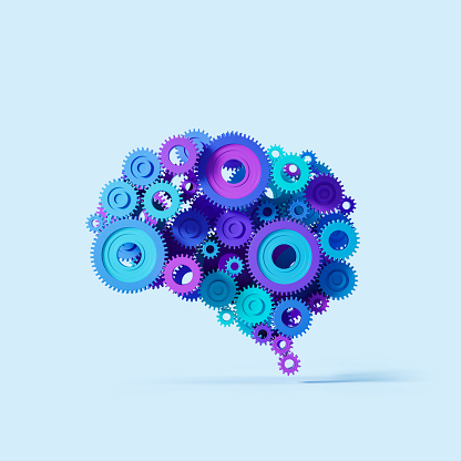 Colorful gears, brain and mechanism. Concept of brainstorm, idea and innovation. 3D rendering