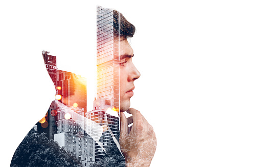 Businessman with serious, thoughtful profile. Manager making up plans and new ideas, double exposure, New York city view. Concept of career development