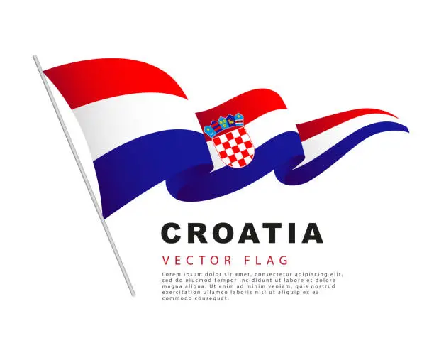 Vector illustration of The flag of Croatia hangs on a flagpole and flutters in the wind. Vector illustration isolated on white background.