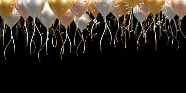 istock Luxury balloons and foil confetti falling on white background with copy space 3d render 1406476401