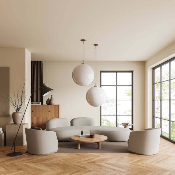 istock Living room interior with couch and seats near panoramic window, decoration 1406476408