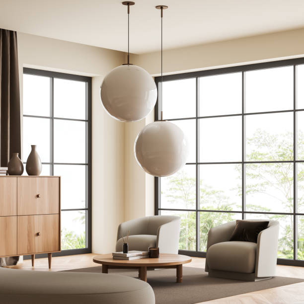 istock Modern relax room interior with two chairs, decoration and panoramic window 1406476520