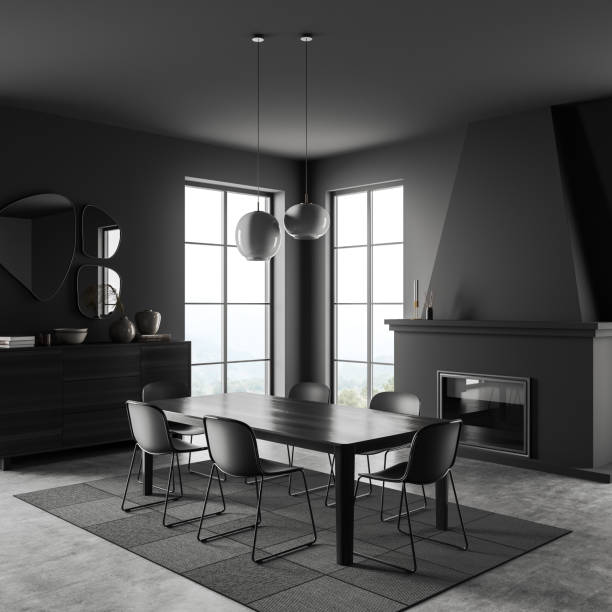 istock Living room interior with chairs and fireplace, drawer and panoramic window 1406476533