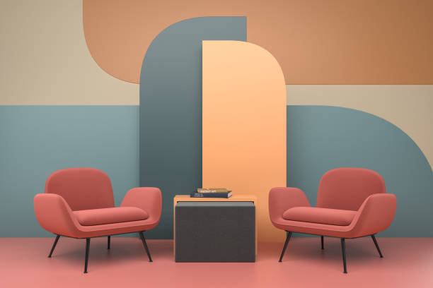 istock Chill room interior with chairs and stand with books, geometric design. Copy space 1406476540