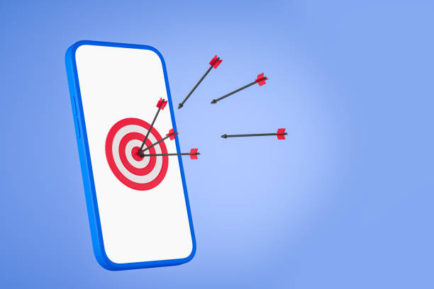 istock Smartphone white display and arrows with target, success and goal. Mockup 1406477469