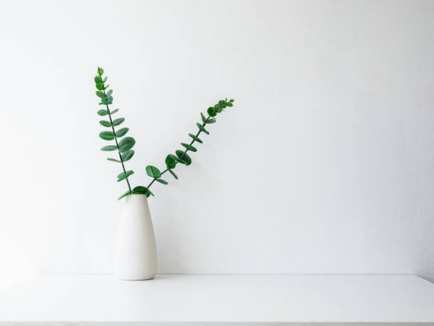 istock Home interior elegant floral vase decor, soft white composition. Beautiful green leaves branches in white tall vase on white wall background with copy space, minimal style. 1406480903