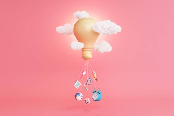 istock kids cute pastel pink colorful objects of creative learning education. lightbulb idea float balloon. 1406480981