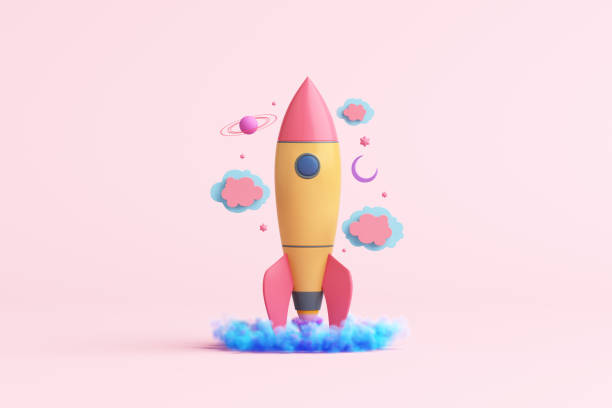 istock imagine creative rocket spaceship saturn stars doll children cute pink pastel clouds backdrop. kids education science technology. 1406480995