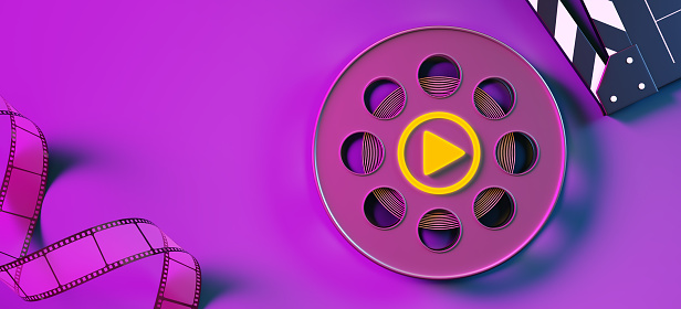 play film roll movie clapper board and film strip purple entertainment media theatre cinematic style genre thriller romance drama watch online streaming internet video cinematography. 3D Illustration.