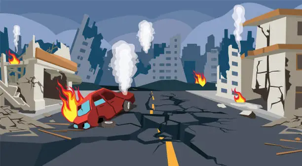 Vector illustration of Natural Disasters. The earthquake destroyed buildings and cracked the ground.