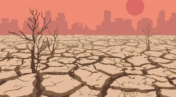Vector illustration of Natural Disasters. The ground is cracked by the drought and the sun is hot.