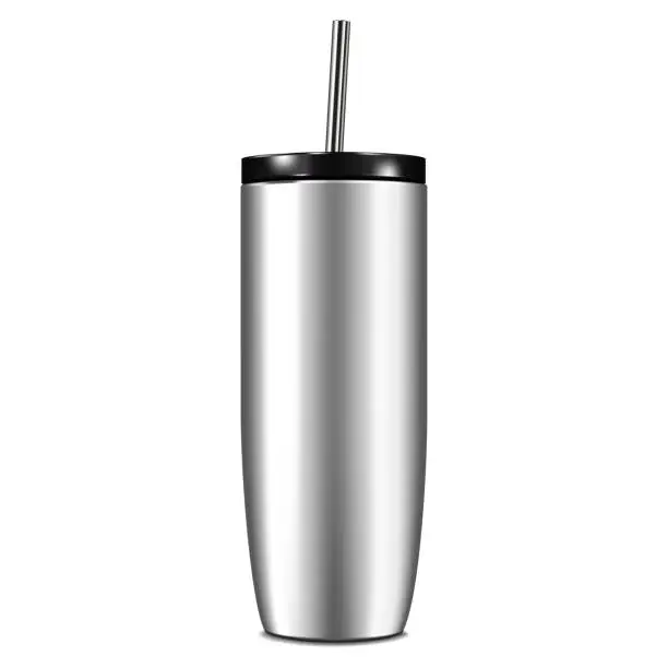 Vector illustration of Reusable insulated steel tumbler cup with black lid and metal drinking straw realistic vector mock-up. Travel thermo mug mockup