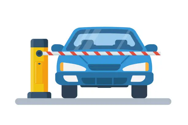 Vector illustration of The car stands in front of a closed barrier. Closed car barriers. Vector flat.