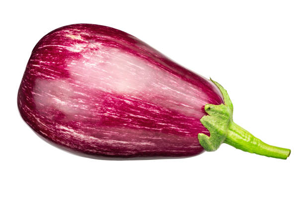 istock Purple eggplants. Fresh striped aubergines and eggplants with leaf isolated on white background. 1406484694
