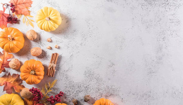 秋と感謝祭の装飾の背景コンセプトは、石の背景、トップビュー、コピースペースに秋の葉、カボチャ、季節の秋の装飾と。 - color image thanksgiving photography harvest festival ストックフォトと画像