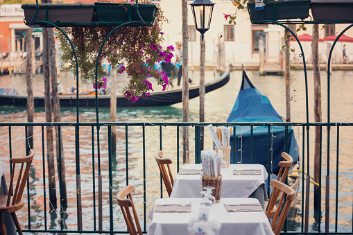 Restaurant set up tables in Venice, Italy