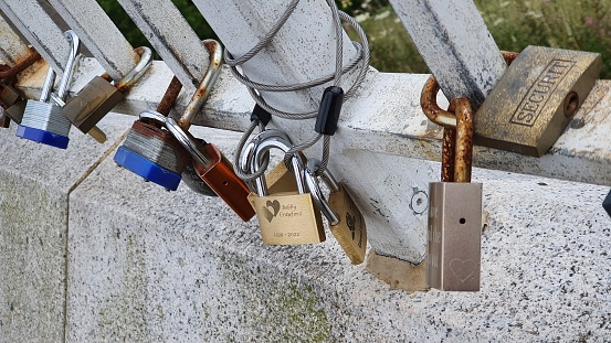 Close up of padlocks on fence