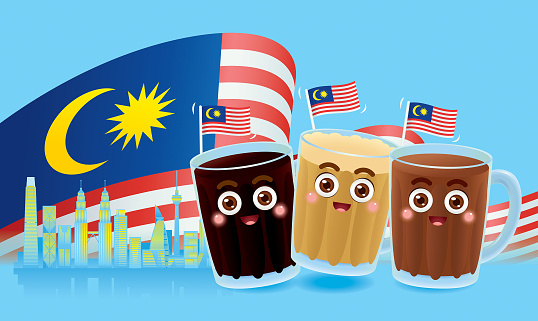 Malaysia 3 of most favorite hot drink, kopi O (dark roast coffee), hot chocolate drink, teh tarik (pulled milk tea) with cityscape and Malaysia flag as background