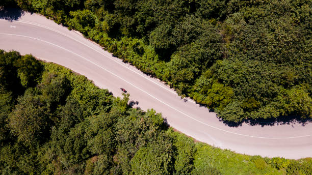 istock aerial view of forest road while vehicles are passing 1406487828