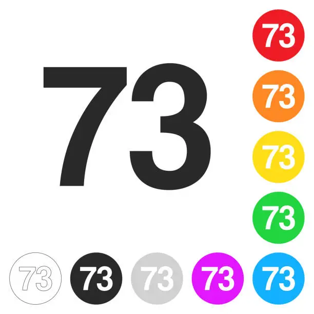 Vector illustration of 73 - Number Seventy-three. Icon on colorful buttons