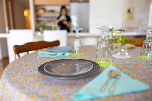Dishes on table, Woman preparing for lunch party