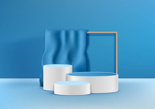 illustrazioni stock, clip art, cartoni animati e icone di tendenza di visualizza il podio del prodotto azzurro e bianco del podio. sfondo astratto 3d soft blue rendering con scena quadrata verticale e holizontal. - holizontal