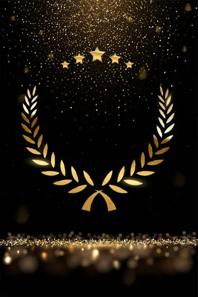 Vector illustration of Gold laurel wreath, stars and falling glitter, realistic award, golden confetti rain