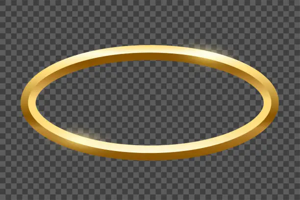 Vector illustration of Gold oval frame for picture on transparent background. Blank space for picture, painting, card or photo. 3d realistic modern template vector illustration. Simple golden object mockup.