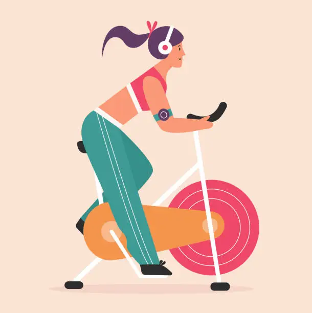 Vector illustration of Young woman cycling on stationary bike in gym of sport club or home, indoor workout