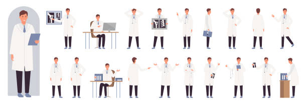 Male doctor poses set, confident explainer wearing uniform, standing and sitting Male doctor poses set vector illustration. Cartoon confident explainer wearing uniform, standing and sitting, hospital worker pointing on medical presentation, expert posing isolated on white radiology doctor stock illustrations