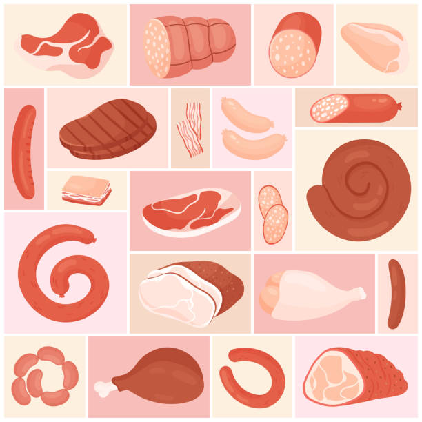 fleischset, frische rohkost aus metzgerei, rindersteak und schweinefleisch, hähnchenkeule - butchers shop meat sausage store stock-grafiken, -clipart, -cartoons und -symbole