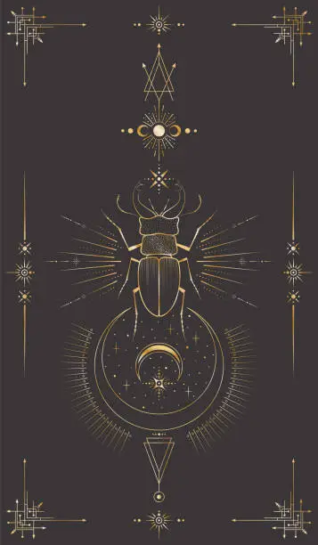 Vector illustration of Vector mystic celestial background with golden outline insect, stars, moon phases, crescents and frame with arrows. Occult linear backdrop with a magical stag beetle. Elegant ornate tarot card cover