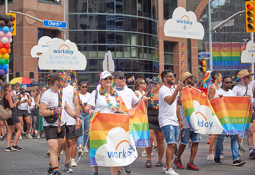 Toronto Ontario, Canada- June 26th, 2022: Workday employees marching at Toronto’s annual Pride parade.