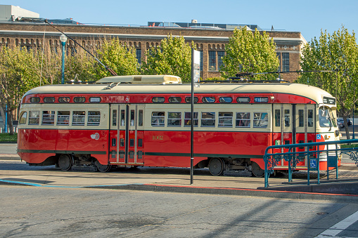 San Francisco, USA - May 18, 2022: streetcar in vintage design operates at the promenade from market street to fisherman's wharf in San Francisco.