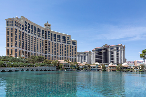 Las Vegas, USA - Sep 25, 2019: The free Bellagio water show at sunset on the Strip.