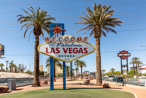 Wide angle view of the Welcome To Fabulous Las Vegas Nevada sign.