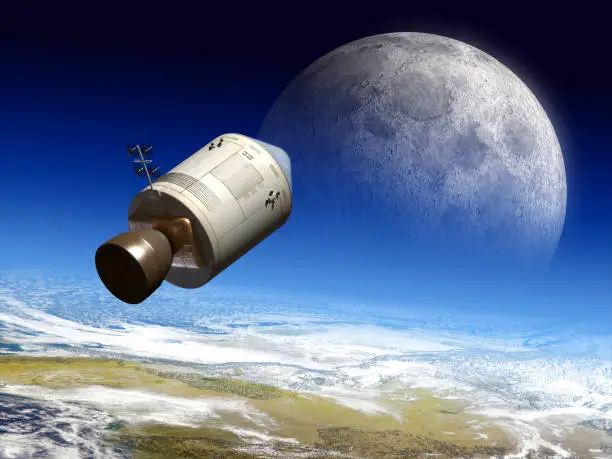 Apollo module flying to the moon. Digital illustration.