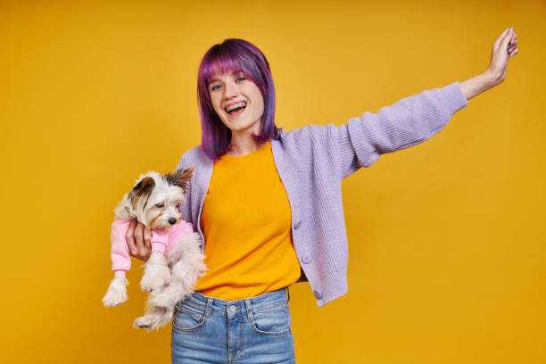 Happy young woman carrying little dog and gesturing stock photo