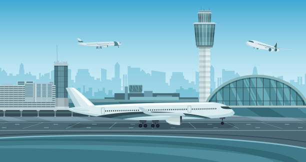 Monochrome mono color airport plane terminal landscape. Airport Terminal building with aircraft taking off. Monochrome mono color airport plane terminal landscape. Airport Terminal building with aircraft taking off vector illustration. airport stock illustrations