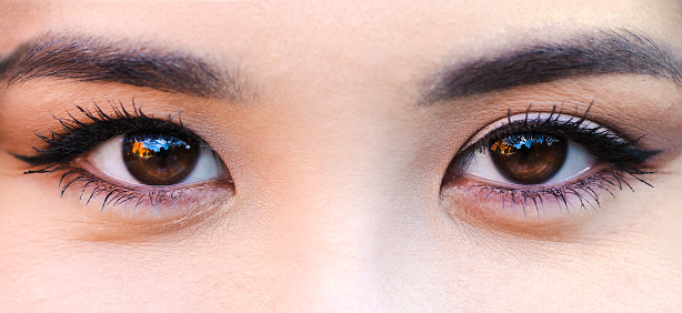 Asian ethnicity woman eyes close up view.