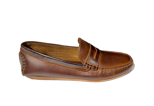 Men's moccasin shoe with laces in brown leather, isolated on a white background