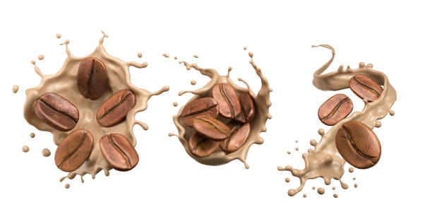 istock Set of Milk coffee splash Icon with Coffee Bean falling, 3d illustration. 1406504948
